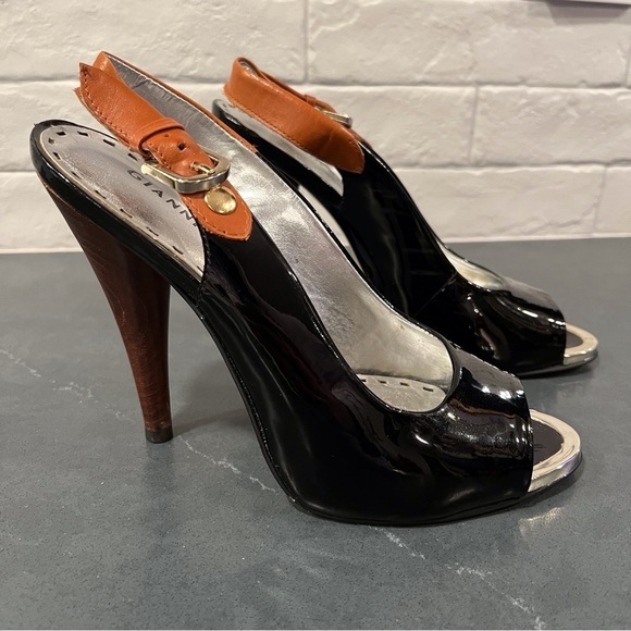 Gianni Bini sz 7 black patent and brown leather platform slingback heels - Picture 1 of 15